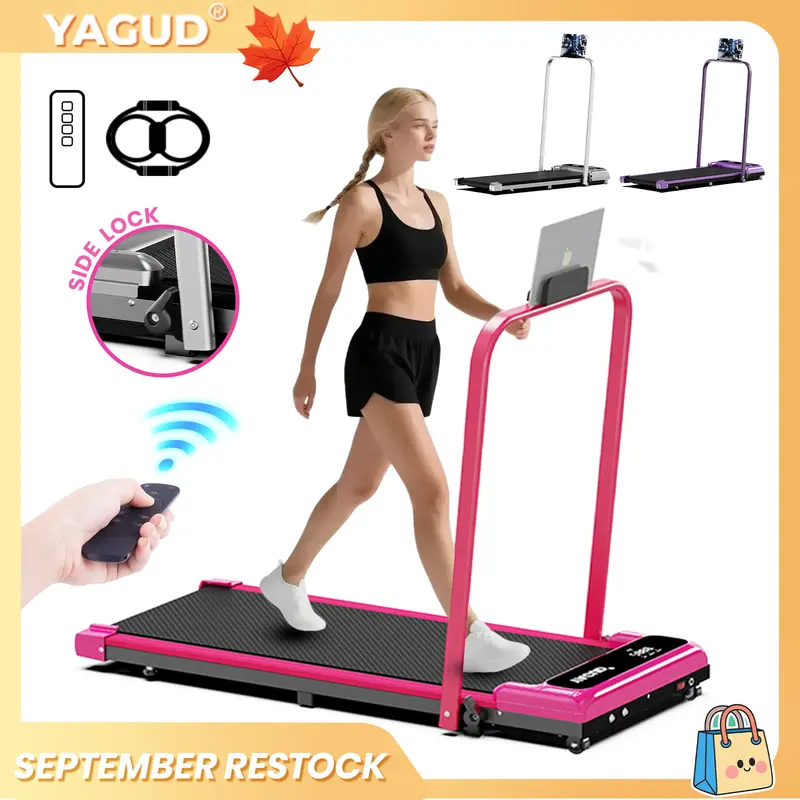 【Colorful Handrail】 YAGUD Upgraded Folding Treadmill , Low-Noise Motor – 265lbs Weight Capacity Spacious Belt Walking Pad, Dual Shock Absorption, Remote Control & Wheels for Easy Moving – Includes Free Resistance Bands