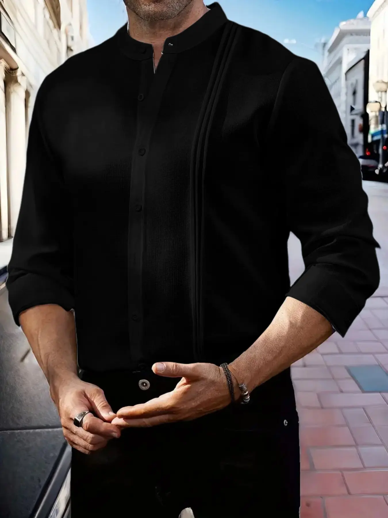 Men's button-down collar shirt - with a man-style V-neck design, textured fabric, long sleeves, and fitted cut. Suitable for casual business, formal occasions, daily commuting, and fashionable leisure settings.