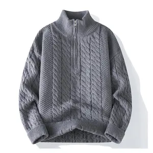 Unisex Quarter Zip Half Turtleneck Loose Fit Solid Color Heavyweight Knit Sweater Casual Men's Top with Cable Knit Pattern, Suitable for Autumn and Winter Warmth and Everyday Wear, Comfortable for Women