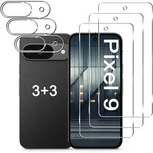 [3+3 Pack] Pixel 9 Screen Protector + Camera Lens Protector, 9H Tempered Glass, Fingerprint Unlock, Anti-Scratch, Easy Installation, HD Screen Protector for Google Pixel 9 5G