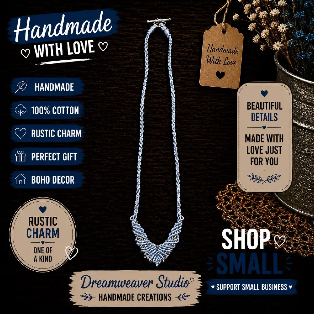 Handmade Macramé Statement Necklace | Boho Fiber Jewelry | Adjustable Cotton Cord Necklace | Artisan Handmade Gift | Dreamweaver Studio