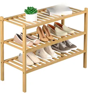 3 Tier Bamboo Shoe Rack for Closet Free Standing Wood Shoe Shelf Storage Organizer for Entryway Small Space Stackable 27"x11"x20" (Natural)
