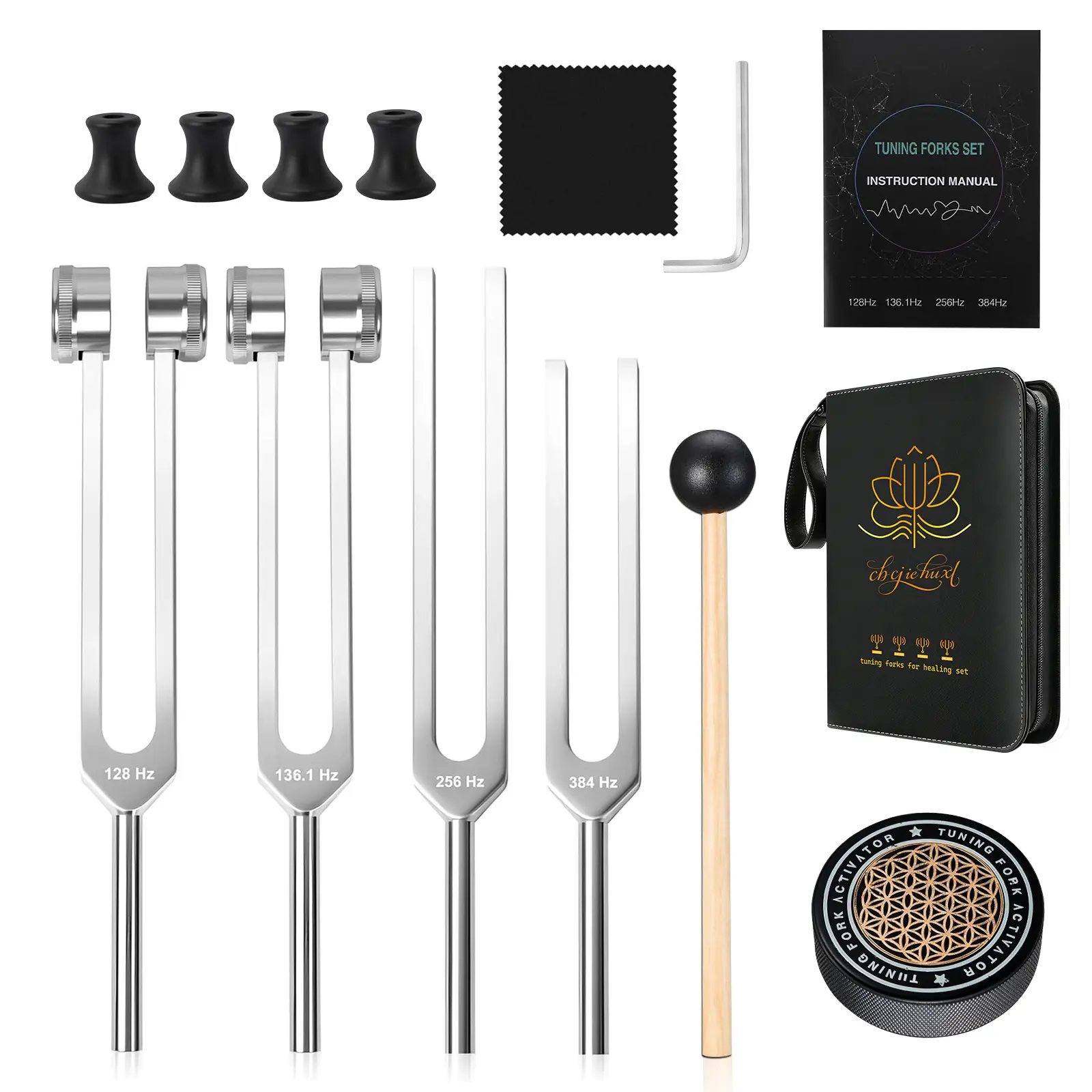 High Grade Lightweight Aluminium Holistic Resonance Healing Tuning Fork Set - 128Hz,136.1Hz,256Hz,384Hz Percussion Instrument, Prop 65 Safe, Set Includes Leather Bag - Relaxing Birthday Gift for Mom, Supports Wellness & Blood Circulation, Anxiety