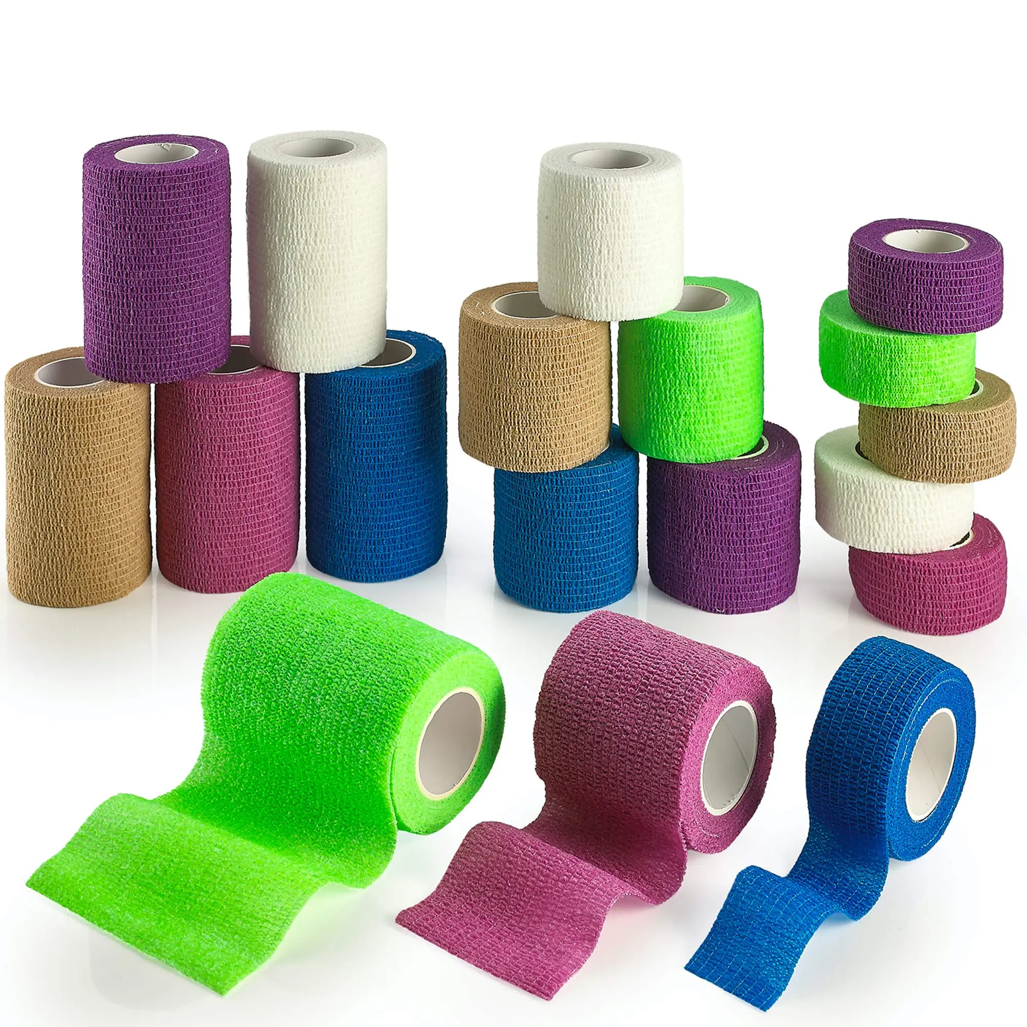MEDca Self-Adhesive Non-Woven Cohesive Bandage Combo Pack (18 Rolls Total) - 6 of Each 1in, 2in, 3in x 5yd Rainbow Color, Compact for Home, Travel Use by Adults, Children