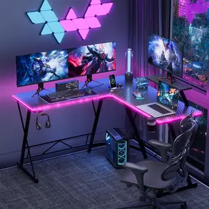 Mr IRONSTONE L Shaped Gaming Desk with Led Lights Corner Computer Desk with Cup Holder and Headphone Hook, L shaped desk, Home Office Desks Writing Workstation with Large Monitor Stand, Easy to Assemble (Black,51 Inch)BlackFriday