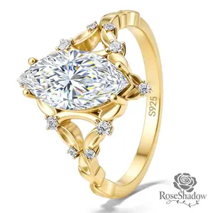 ROSESHADOW 1CT/2CT Marquise Cut VVS Moissanite Vintage Nature-inspired Engagement Ring 14K Gold Plated Sterling Silver Promise Wedding Band Bridal Festival Synthetic Moissanite Jewelry Gift  with Certificate & Box