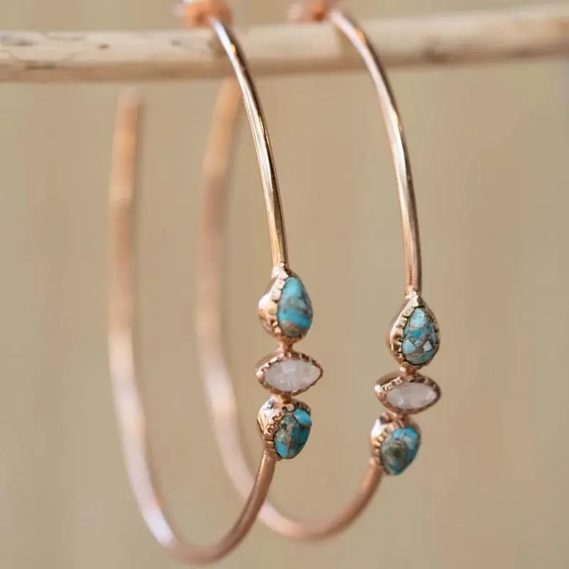 Bohemian-style Retro Water Drop Synthetic Turquoise Large Circle Hoop Earrings Women Fashion Concise Party Banquet Jewelry Craft