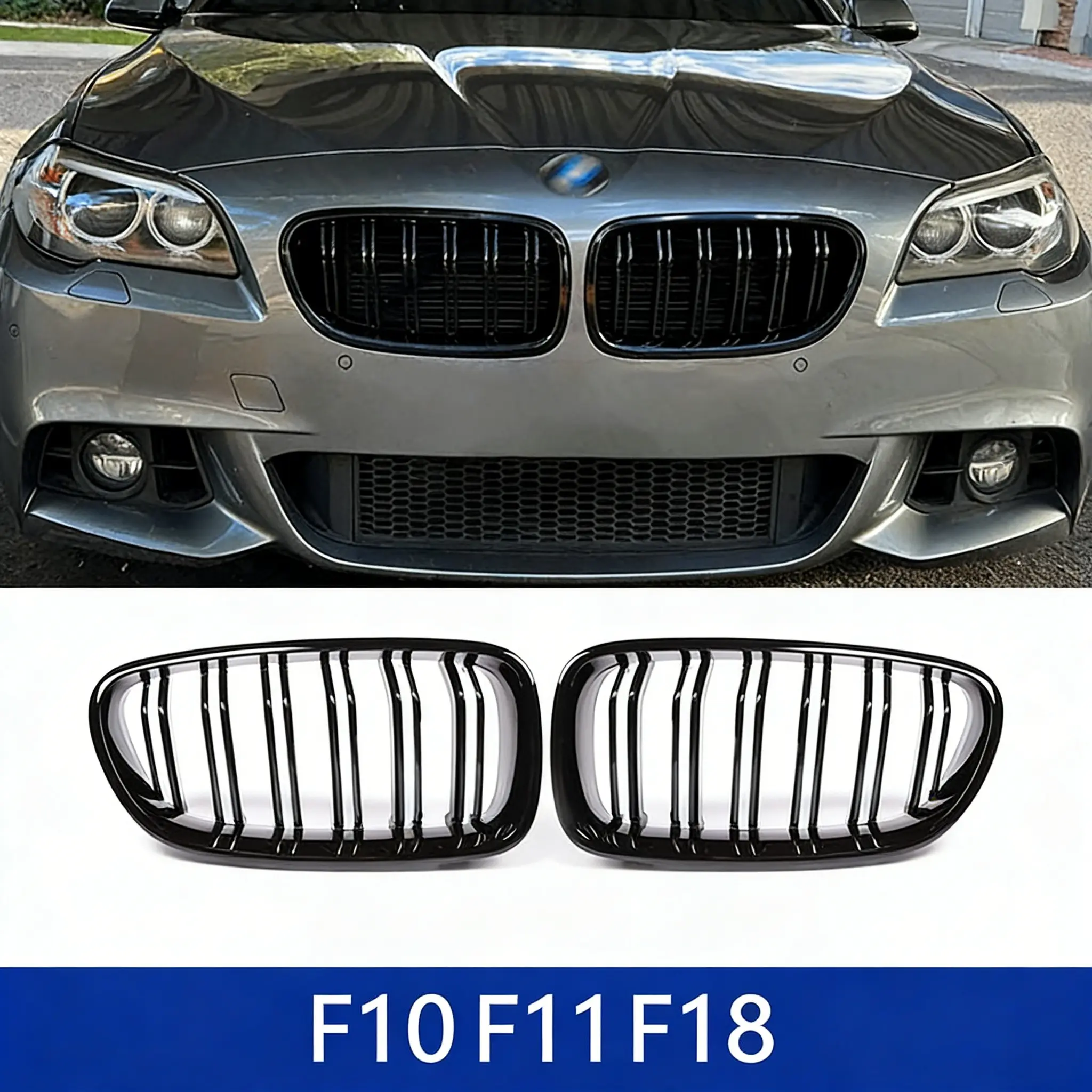 High Quality ABS Dual Slat Front Kidney Grille Gloss Black For BMW 5 Series F10 F11 F18 2010-2017 Automotive Replacement Car Exterior Styling Accessories Vehicle
