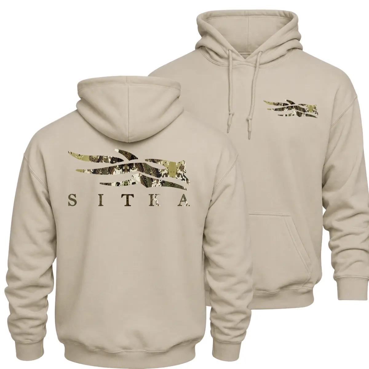 Sitka Camo Logo Hunting Hoodie, Camouflage Outdoor Graphic Pullover, Front Chest Logo and Large Back Print Hoodie, Deer Hunting Backcountry Apparel, Hunter Gift for Men