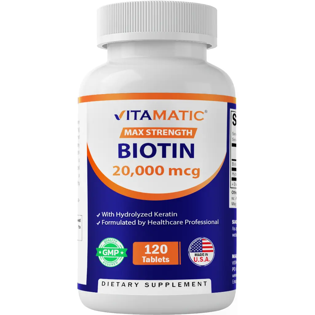 Vitamatic High Potency Biotin Hair/Skin/Nails Supplement - 20000 mcg (20mg) Biotin, 100mg Keratin, 120 Tablets, US-Made, No Artificial Sweeteners, for Adult Care, Hair/Skin/Nails Supplements No Artificial Sweeteners