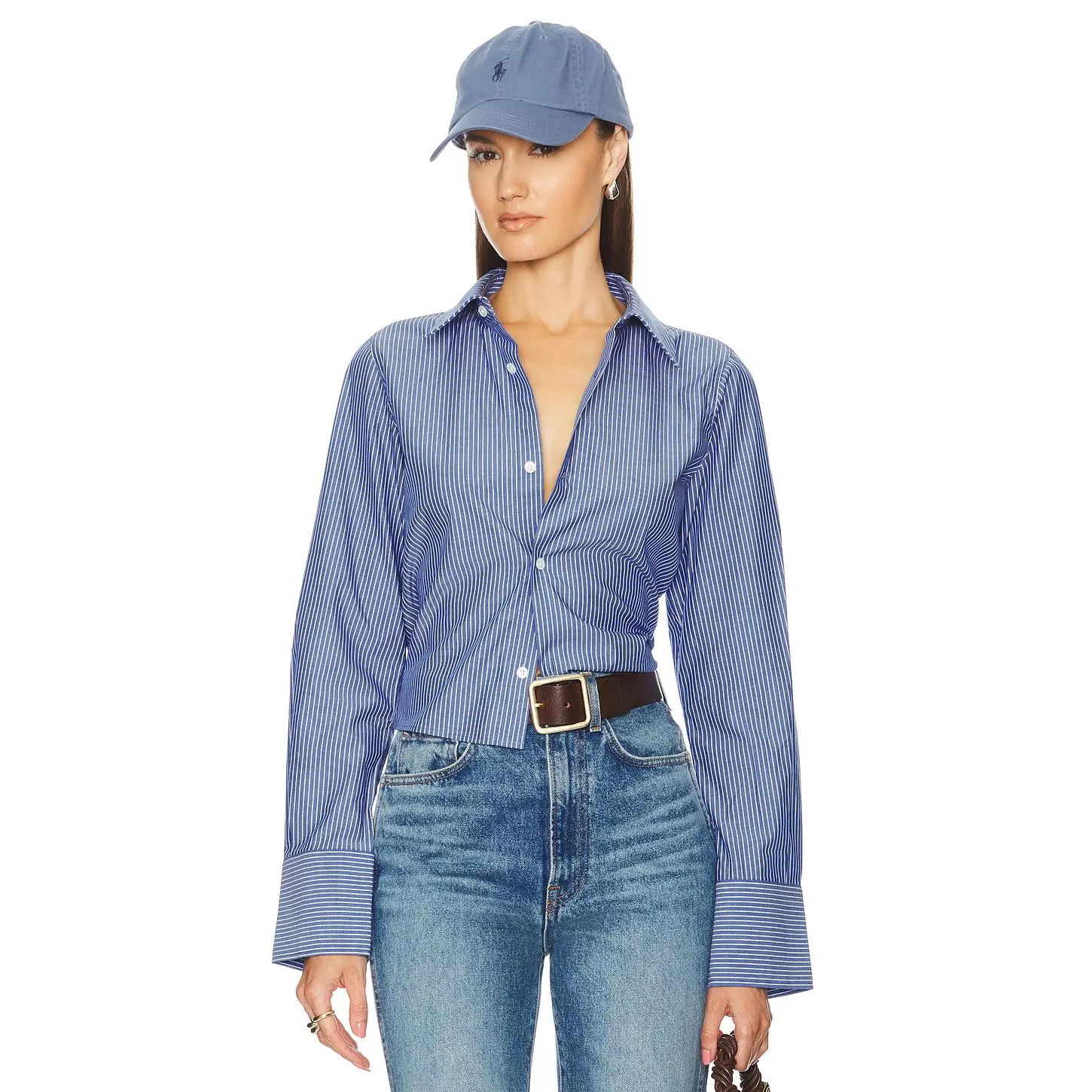 Helsa Pinstripe Poplin Fitted Shirt in Blue Pinstripe