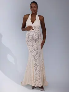 ELLIOTTWII Maternity Photography Dress, Halter Neck With Backless Bowknot Lace Mermaid Maxi Dress