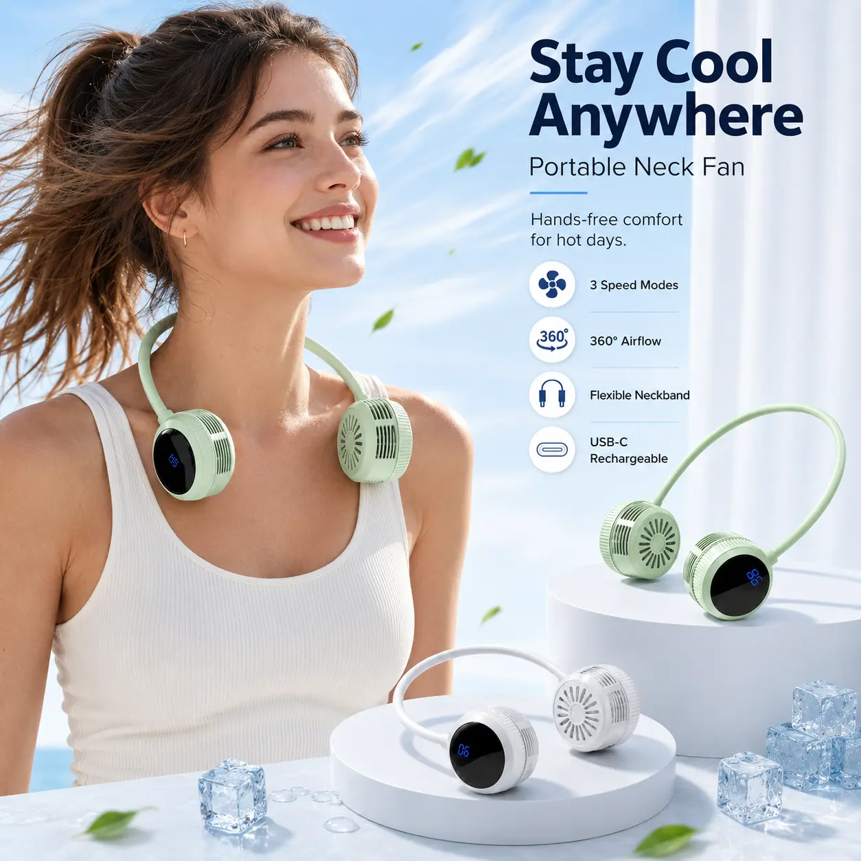 Stay Cool Anywhere  Neck Fan with 3 Speed Modes 360° Airflow Flexible Neckband USB-C Rechargeable Hands-free Comfort for Hot Days portable mini
