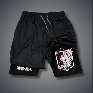Attack on Titan Anime Double-Layer Sports Shorts Graphic Shorts Black Shorts Camo Shorts Streetwear Shorts Men Outfits Men Short Shorts Vacation Outfits Shorts