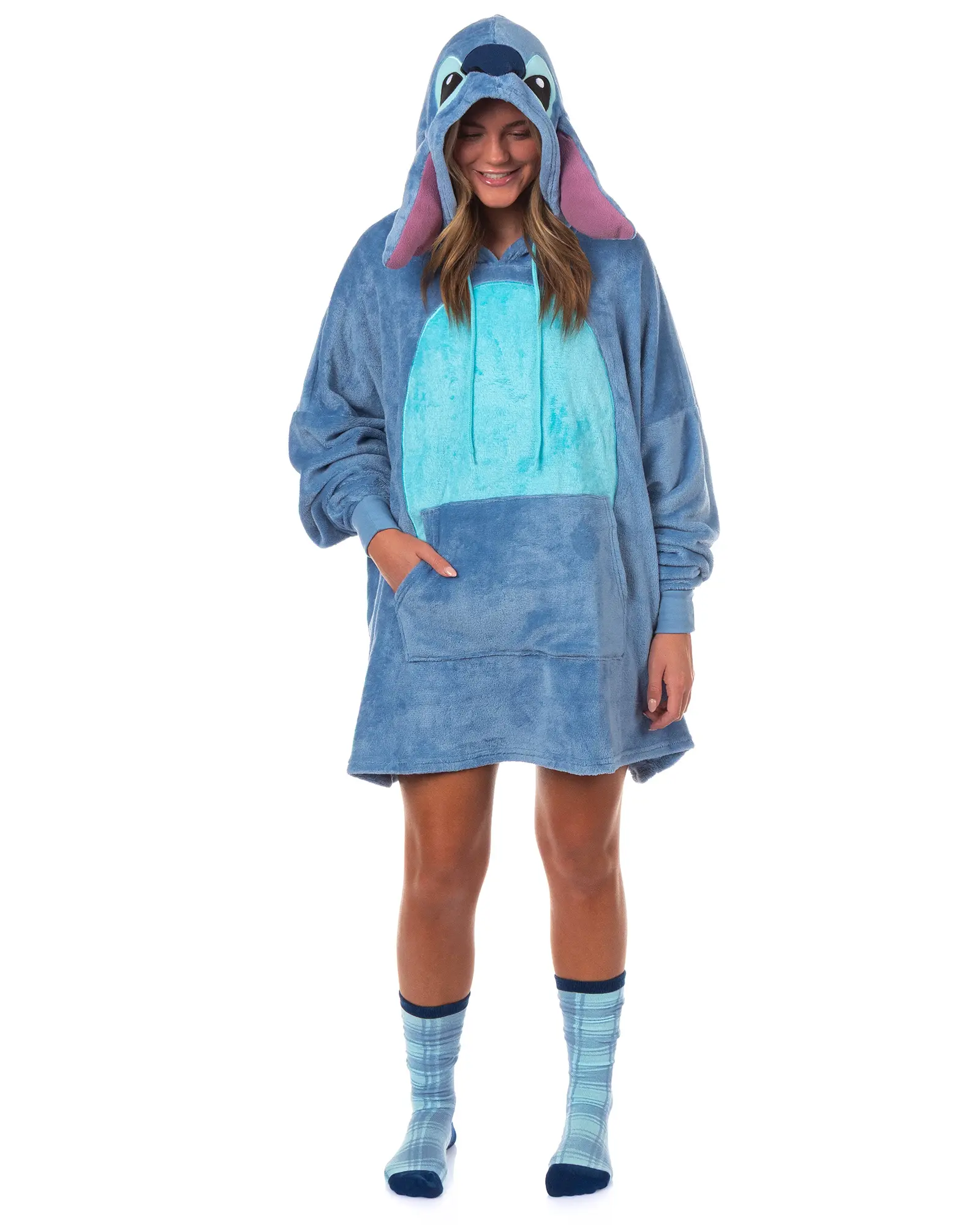 Women's Character Pajama Sleep Shirt, Oversized Plush Fleece Pullover Hoodie with 3D Ears, Kangaroo Pocket, and Drawstring, Set with Plaid Socks, Tops, Long Sleeve, Sweatshirts, Matching, Embroidered, Print, Lightweight, Relaxed Fit, Above Knee, Stitch, L