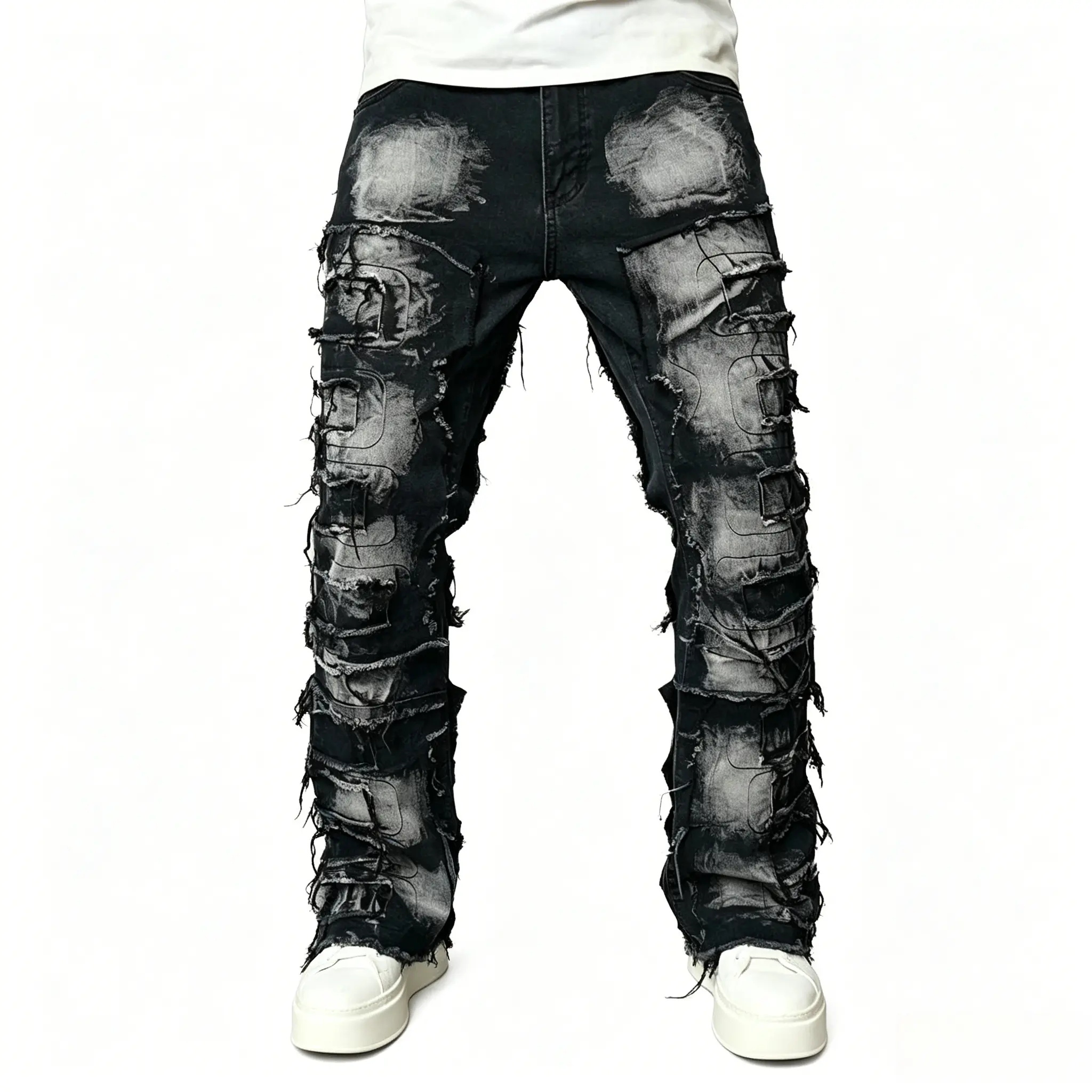 Stacked Men's jeans Fashion Streetwear HipHop Patch Spliced Men Straight Jeans Distressed Male Slim Biker Denim Pants Menswear Trouser Midrestock