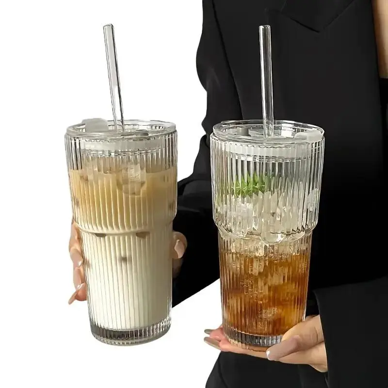 20oz (600ml) Double-Wall Ribbed Stripe Glass Tumbler Duo Pack - Leakproof Durable Lids, Matching Straws - Professional-Grade Reusable Washable Portable Outdoor Everyday Tumbler Glasses - 500-1000ml Drinkware Must Haves Healthy Eco-Friendly Kitchen Cup, Do