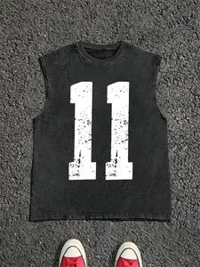 Men's Distressed Number Print Tank Top, Sleeveless Shirt, Loose Casual Sleeveless Top for Daily Wear, Men's Clothes for All Seasons, Socks, Sleeveless Sport Tank