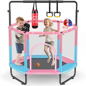 60" Trampoline for Kids with Net,  Toddler Mini Trampoline Indoor Outdoor Playset with Basketball Hoop, Gymnastic Rings & Punching Bag, Kids Trampoline Toys for Boys Girls Ages 1-8