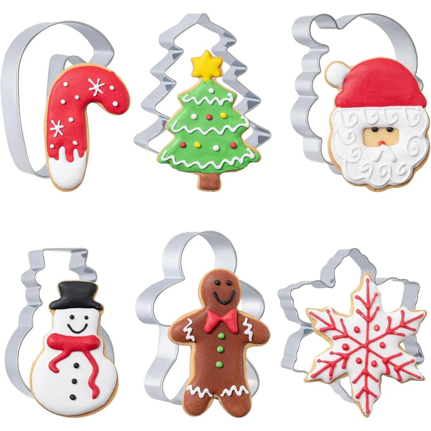 6pc Stainless Steel Christmas Cookie Cutters Set - Durable Kitchenware Bakeware Baking Utensils with Safe Edges, Festive Shapes (Tree, Gingerbread Man, Snowman, Snowflake, Candy Cane, Santa) for Holiday Icons Decorating