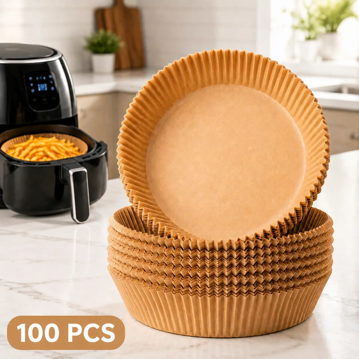 100 Pcs Round Air Fryer Disposable Paper Liners - Virgin Pulp High-Temp Parchments, Non-Stick, Oil-Waterproof Replacement Kitchen Baking Accessories, Round Bowl, 1.8"-Raised Ridged Walls, Fits 3-5QT & 5-8QT Air Fryers, Easy Clean for Campfire/BBQ