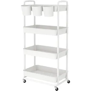 4-Tier Plastic Rolling Storage Cart Utility Cart with Extra Hanging Cups Handles Lockable Wheels for Living Room Bathroom Kitchen Office White