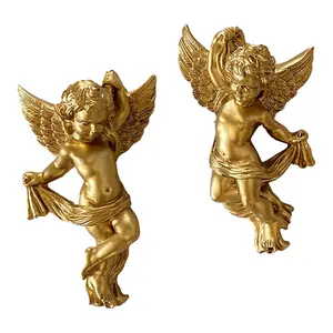 2PCS Gold Resin Angel Wall Sculptures, 14.5cm Cute Hanging Wall Decor, Multi-Use for Wedding Party Home Bedroom Living Room,MothersDayGift
