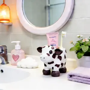 Cute Cow Resin Toothbrush Holder Storage Box, Self-Standing Bathroom Organizer, Cartoon Style Toothpaste Dispenser, Makeup Brush Holder, Bathroom Accessory