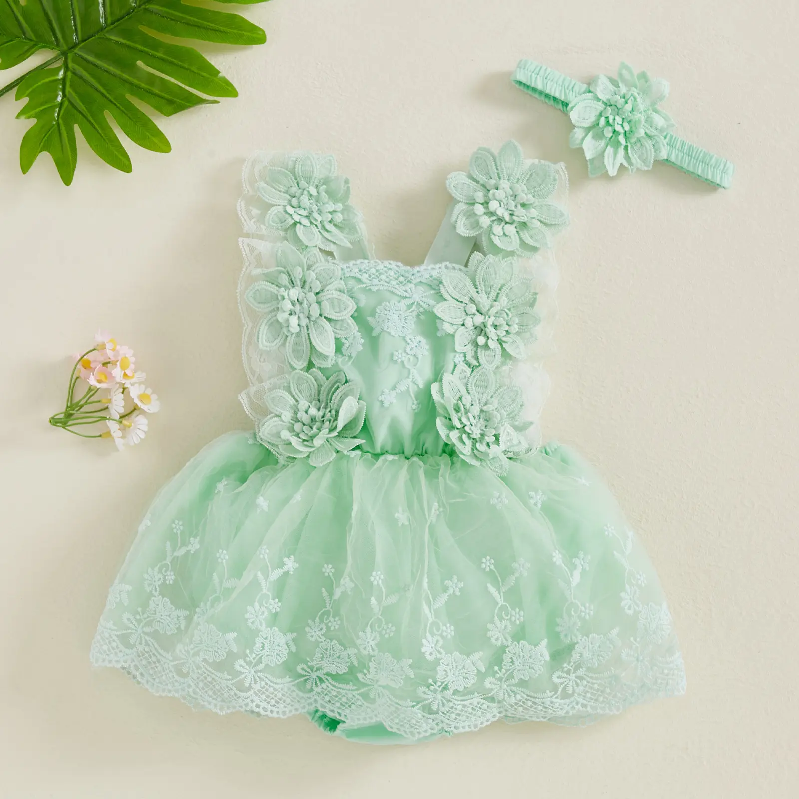 Baby Girl Summer Outfit, Flower Embroidery Tie-Up Mesh Romper Dress Bow Headband 2 Piece Set