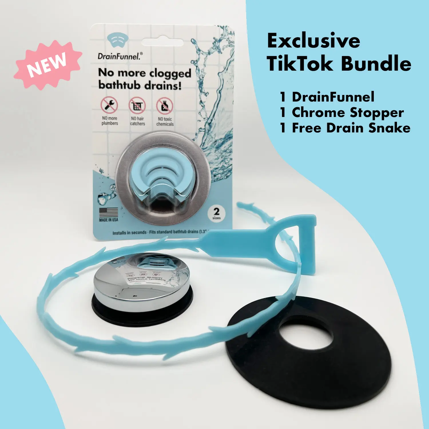 DrainFunnel Bundle: Bathtub Drain Funnel for Hair Clog Prevention, 2 Size Pack 1.3"-1.7" Tub Drains, 1 Chrome Stopper, 1 Plastic Drain Snake