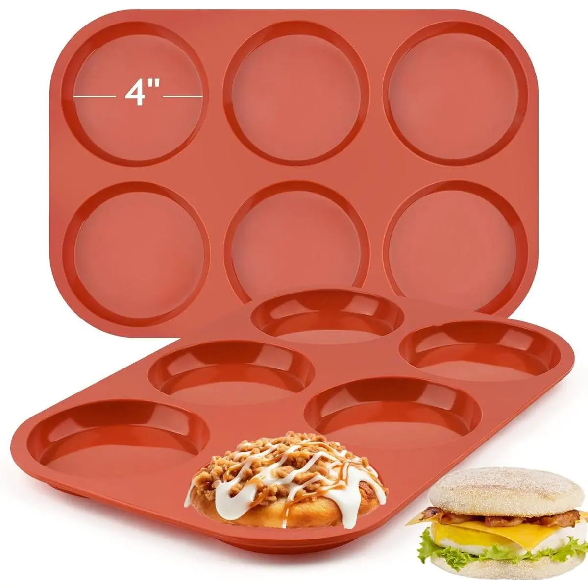 2-Pcs Jumbo Silicone Baking Molds - 6 Cups Total, Food Grade, Sturdy, Non-Stick, Flexible, Heat Resistant, 4x0.5in Round Cavity Pans, Quick Release for Bake, Egg Molds, Hamburger Buns, Cookies