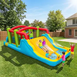 Whubefy Inflatable Obstacle Course Water Park with Water Slide & Water Cannon, Backyard Indoor/Outdoor Adventure Fun, with Air Blower (Adventure Waterslide),Big Bounce House&Water Slide for Kids 3-12 yr, mothersdaygift
