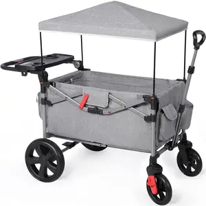 Foldable Wagons for Two Kids & Cargo, Collapsible Folding Stroller with Adjustable Handle Bar,Removable Canopy with 5-Point Harness