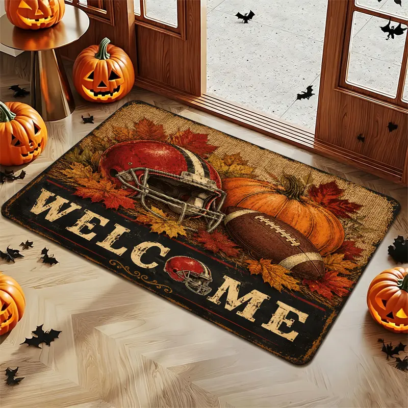 Fall Welcome Doormat, Football Helmet Pumpkin Autumn Non-Slip Rug for Front Porch Entryway Thanksgiving Halloween Decor