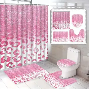 Fashion Leopard Print Bathroom Accessories Set, Shower Curtain Sets, Toilet Seat Cover, Bath Mat, U-Shaped Pad, Home Decor Essentials, Bathroom Decoration Accessories, Restroom