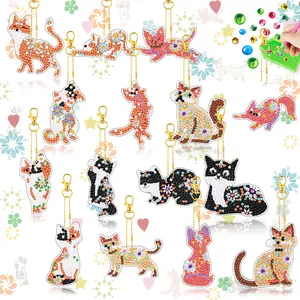 15-Piece DIY Diamond Painting Keychain Set, Cat 5D Diamond Art Pendant, Handmade Craft Kit with Tools and Keychain, Adult Craft Supplies