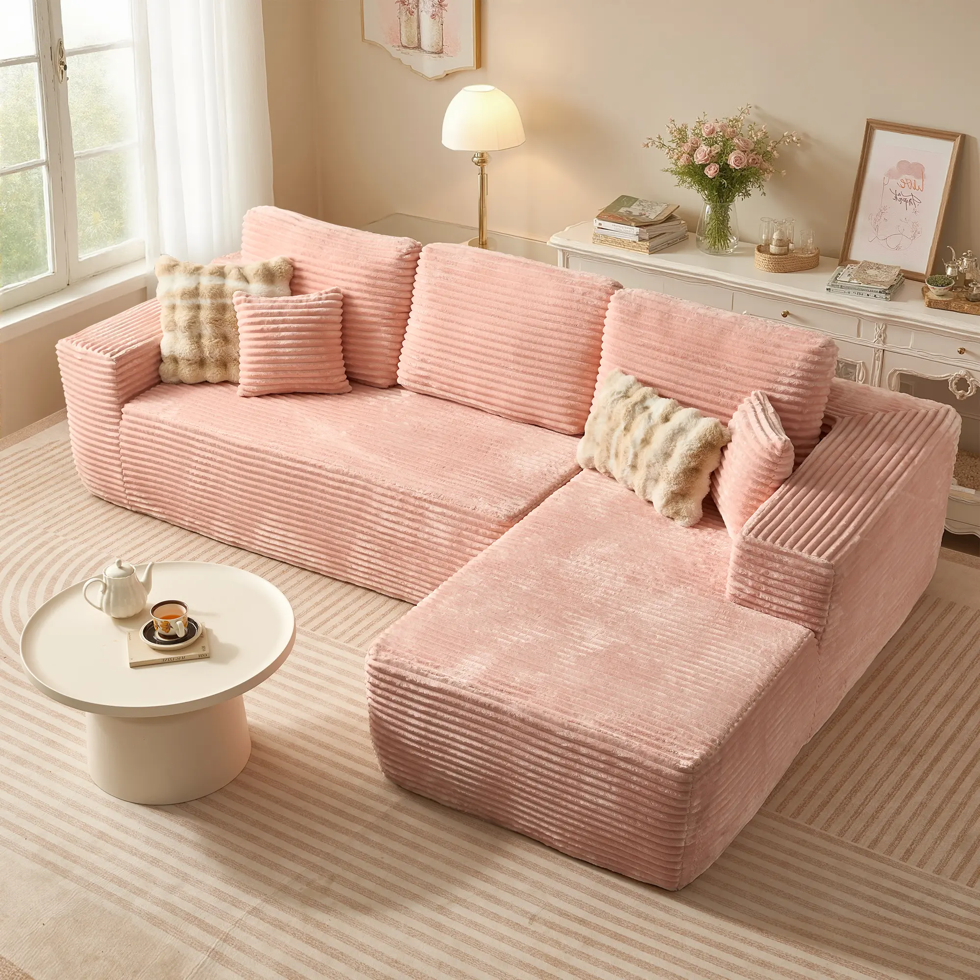 Pink Plush Corduroy Right Chaise