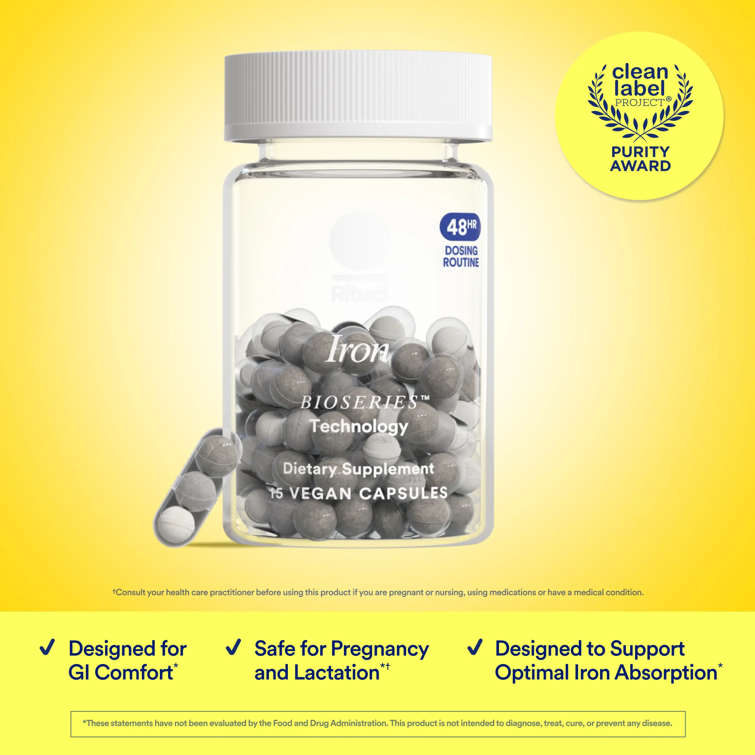 Ritual Iron Supplement to Support Low Iron Levels (60 mg): 48-hour Dosing Routine with BioSeries™ Technology plus Vitamin A and C. Designed for Optimal Iron Absorption and Minimal GI Discomfort*. 15 Servings.