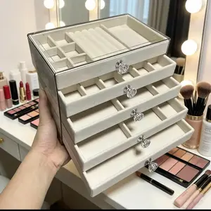 5 Layers Jewelry Velvet Box, 1 Set Large Capacity Jewelry Holder Organizer with Drawer, Lockable Jewelry Storage Boxes for Earring Necklace Ring, Gift for Women