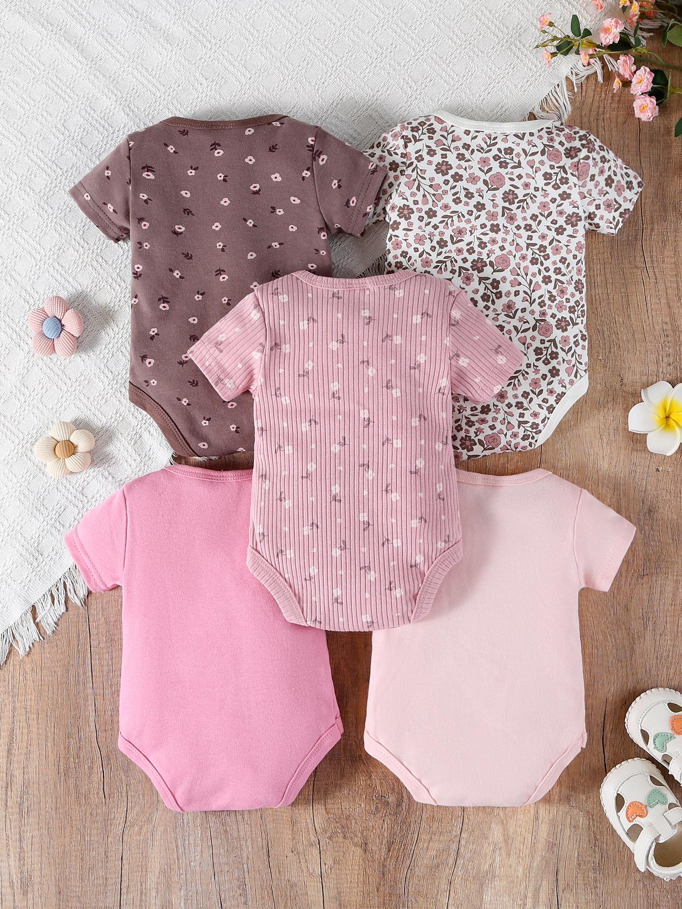 5-piece set of baby girl jumpsuits, baby cotton short sleeved dresses, and essential clothing items suitable for elegant floral styles of baby girls