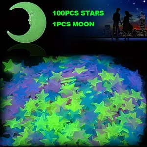 Decorative 3D Glow-In-The-Dark Ceiling Stars and Moon Set, Includes 100 Star Shapes and 512-Inch Moon, Geometric Plastic Design, Reusable Romantic Night Light Wall Stickers for Holiday Home Decor