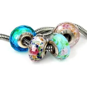 Set of 4 Handmade Faceted Murano Glass Charm Bead with Roses for Charms Bracelets