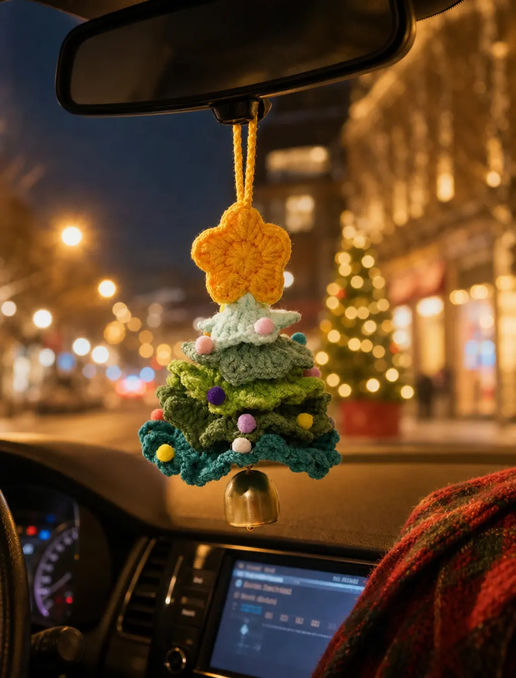 Handmade Fluffy Yarn Crochet Gradient Mini Christmas Tree Kitchen Ornament - Retro Metal Bell & Star Top, Cute Hanging Decoration for Rearview Mirror, 37g Christmas Gift Decor