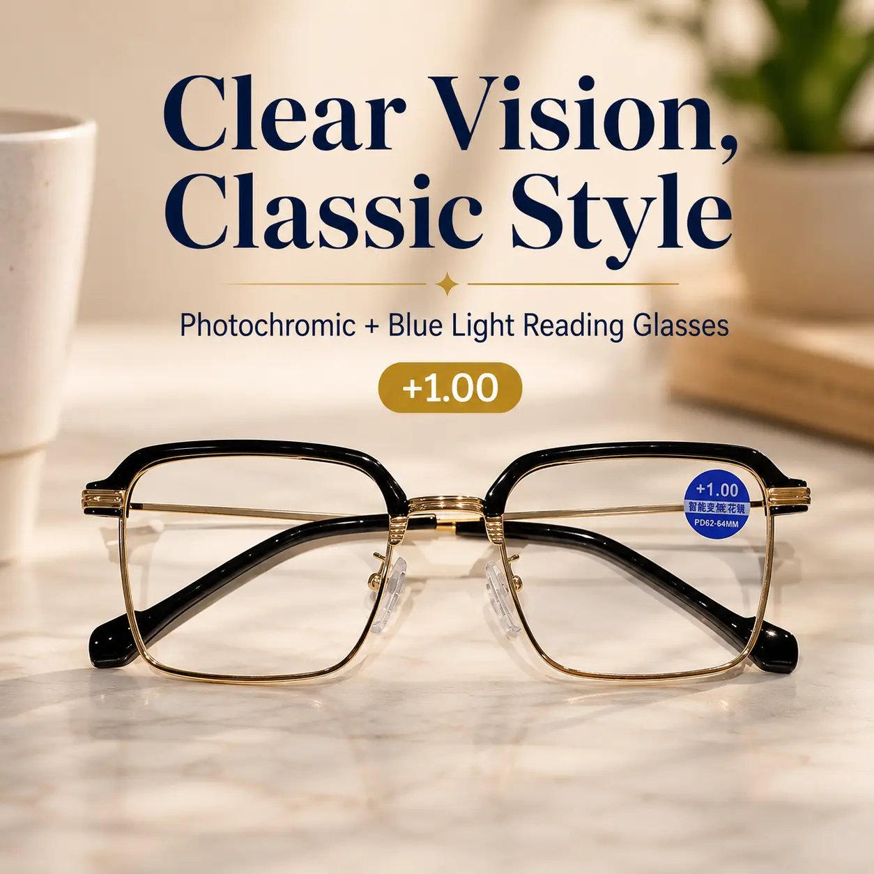 Multifocal Reading Glasses for Men and Women, Photochromic Blue Light Blocking Readers with Stylish Black Gold Frame, Progressive Magnifying Glasses +1.00