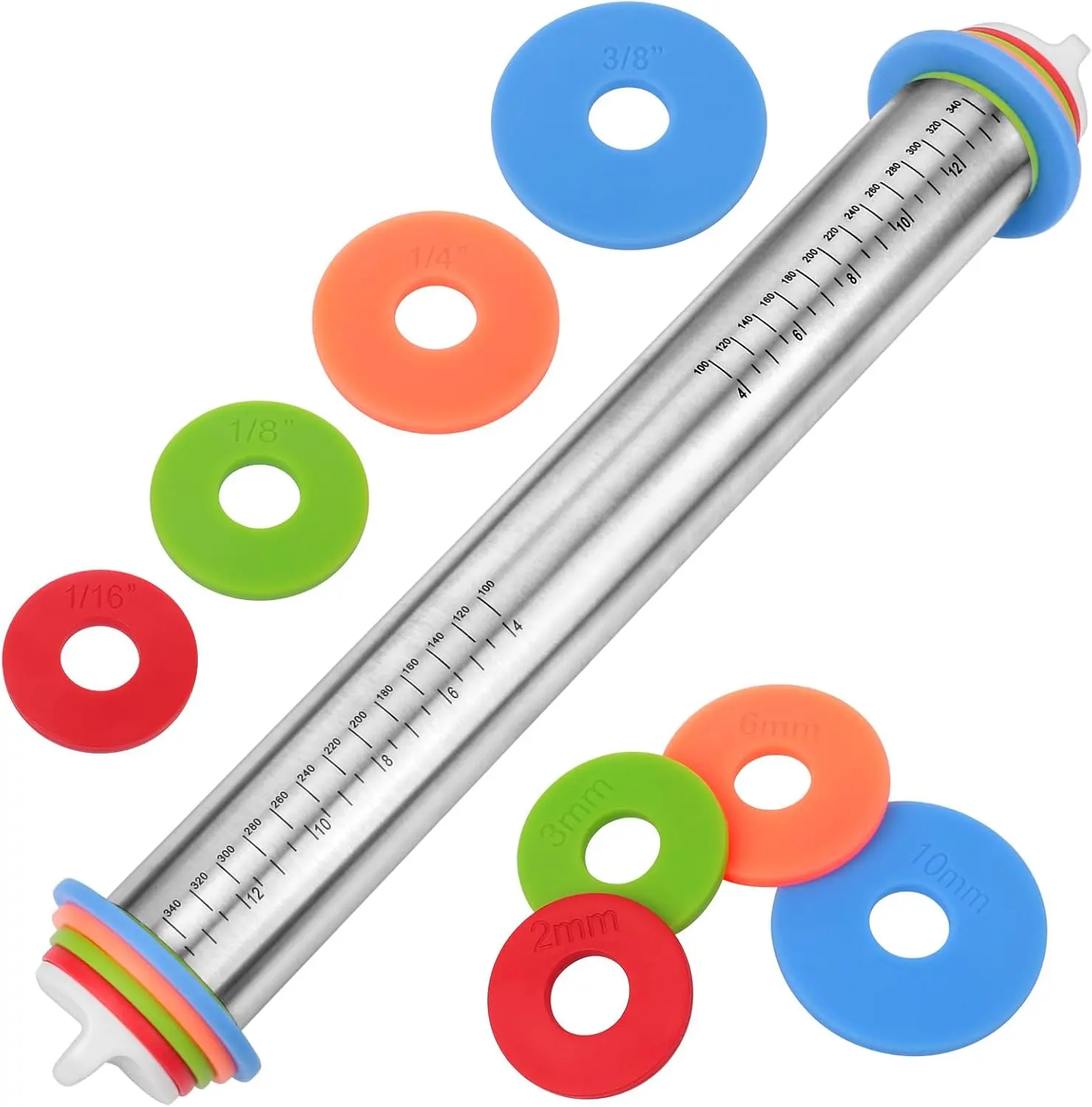 Stainless Steel Adjustable Rolling Pin with Thickness Rings, Kitchen Bakeware Utensil for Cookie Decorating, Fondant & Cake Baking