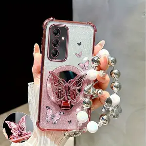 Pearl Strap Lanyard Luxurious Elegant Beautiful Purple Butterfly Transparent Glitter Shiny Phone Holder Case with Shockproof Protector Protective Phone Cover For Compatible with Samsung Galaxy A35 5G