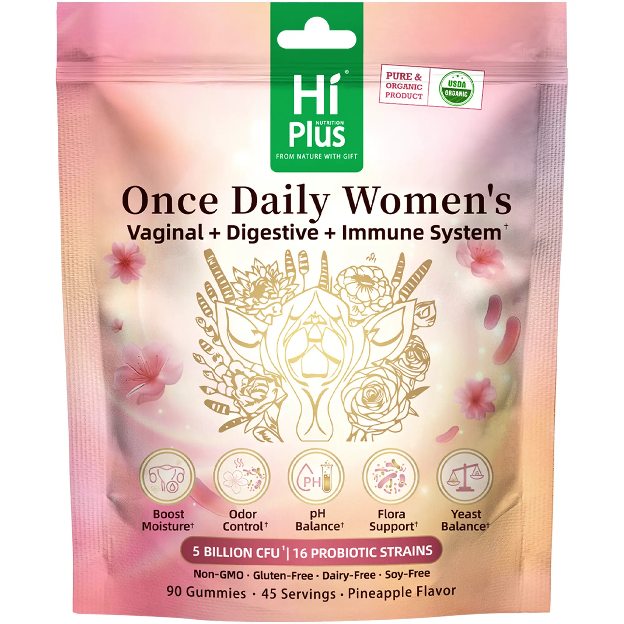 HiPlus Women's Probiotic Gummies with Prebiotic Fiber - 16 Strains (5B CFU), 90 Gummies - Vitamin-Infused, Gut Support, Ceramides - pH Balance & Odor Control - Pineapple Flavor - 24 Months Shelf Life - Dairy & Soy, Sugar-Free Dietary Supplement