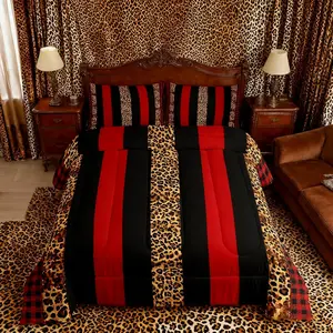 Feelyou Red Brown Black Leopard Print Microfiber Bed Comforter Set - Wild Animal Themed Decorative Bedding Set, All-Season Microfiber Comforter (No Sheets), Bed Comforter Sets
