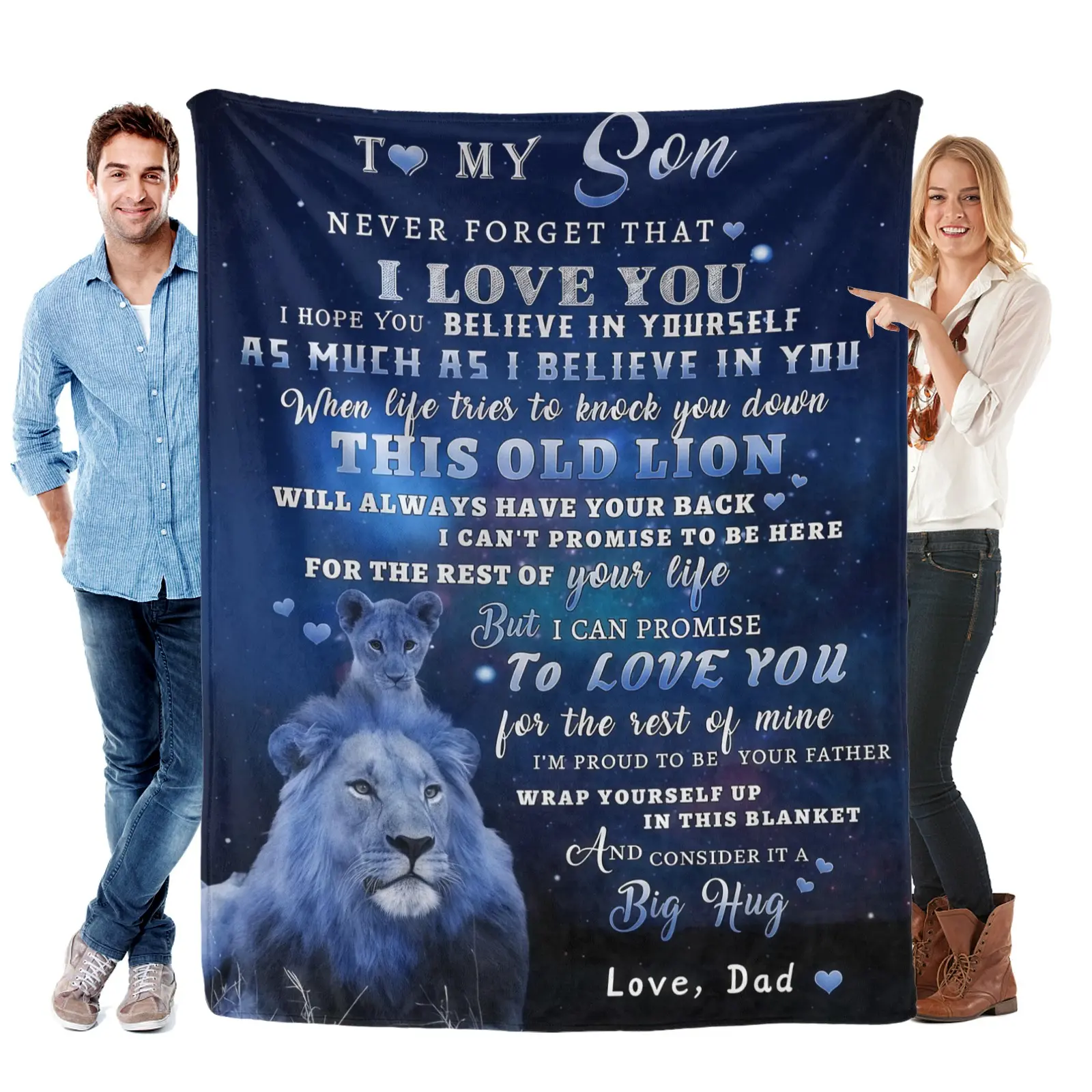 To My Son Dad's Lion Love Flannel Blanket Soft Cozy Gift Throw with Heartfelt Father Son Message & Lion Illustration Perfect for Gifting to Sons Snuggling Warmly or Wrapping in Dad's Forever Support & Affection, Soft Flannel