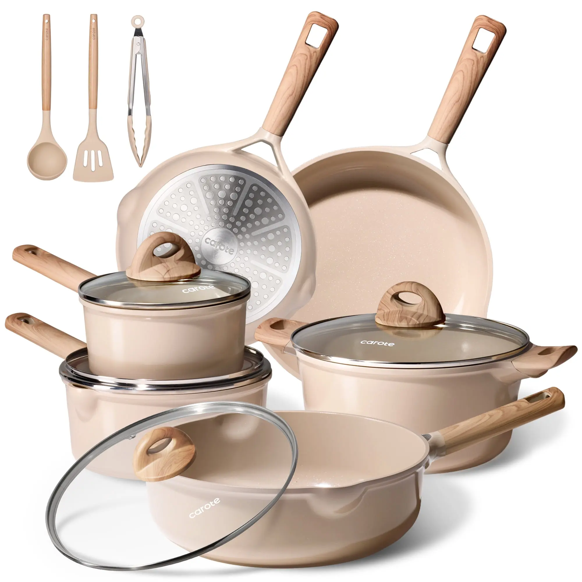 Carote Ceramic Nonstick Pots and Pans Set, 13 Pieces Non-Toxic Kitchen Cookware Sets Compatible for All Stoves, Taupe